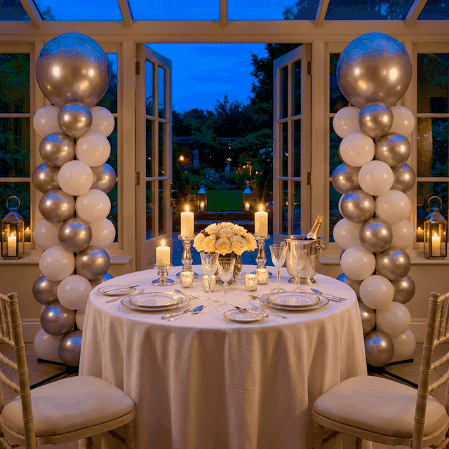 Élégante décoration de ballons pour anniversaire de mariage avec colonnes dorées et argentées