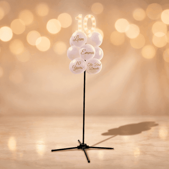 Grappe de ballons or rose et blanc sur pied avec chiffres LED lumineux 10 comme topper, sur fond sombre