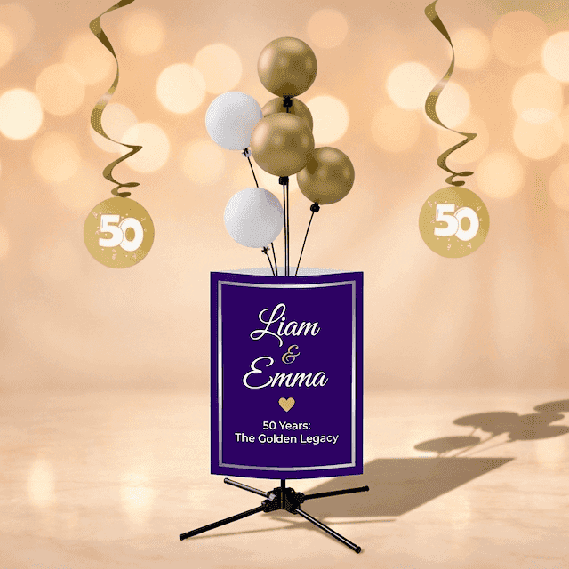 Grappe de ballons or et blanc au sommet d'un panneau d'accueil violet avec les noms du couple, dans le hall d'un hôtel élégant