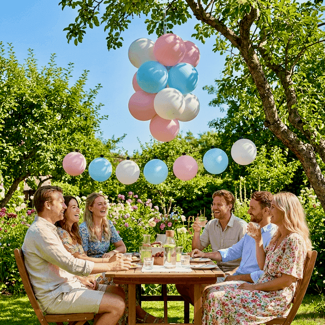 Décoration anniversaire pastel dans un jardin lors d'une fête estivale d'anniversaire de mariage sous le soleil