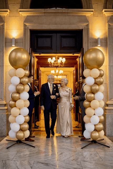Colonnes de ballons dorées à l'entrée de la salle de réception pour une célébration des noces d'or de 50 ans de mariage