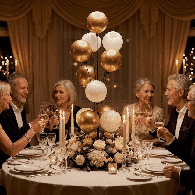 Fontaines de ballons dorées et blanches comme élégant centre de table lors d'un dîner d'anniversaire intime aux chandelles