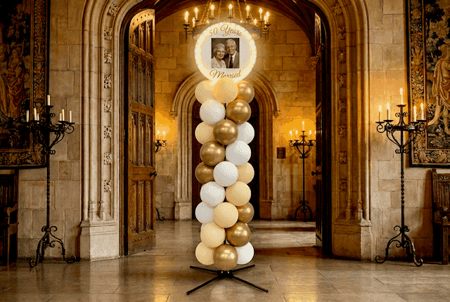 Colonne de ballons argentée avec panneau rond portant les noms et la photo du couple, placée dans une salle de fête élégamment éclairée