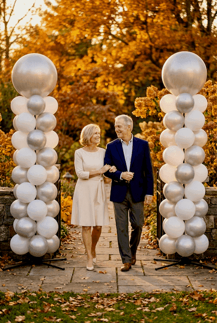 Colonnes de ballons argentées et blanches à l'entrée extérieure pour une célébration de 25 ans de mariage dans un jardin en lumière d'automne