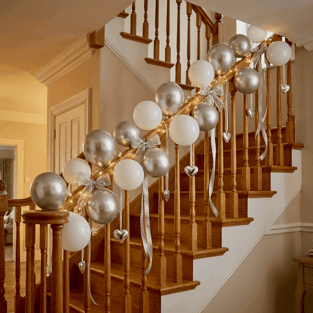 Guirlande de ballons PilaMania en argent et blanc le long de la rampe d'escalier pour 25 ans de mariage avec nœuds argentés et petits cœurs