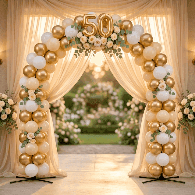 Arche de ballons PilaMania décorée pour 50 ans de mariage noces d'or avec ruban doré, organza champagne et roses crème