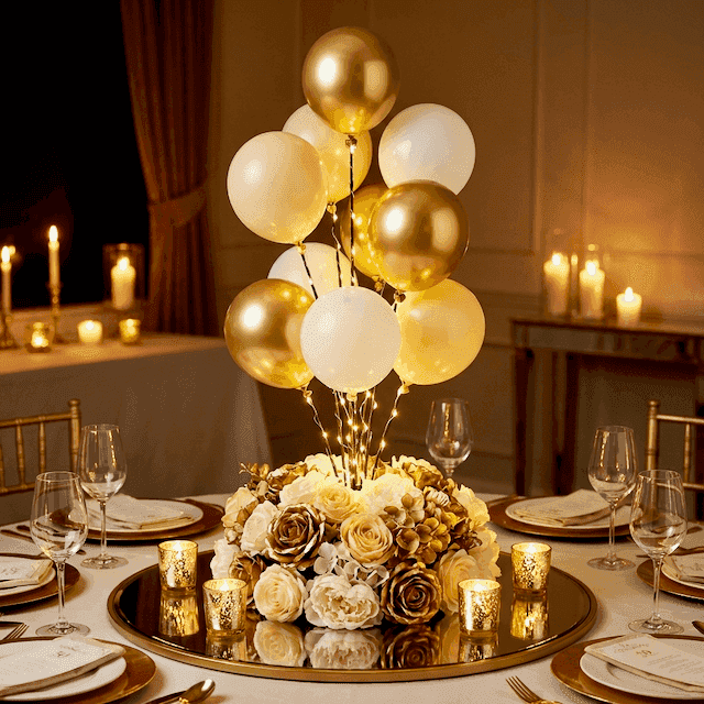 Balloon Signage Display PilaMania comme centre de table doré avec guirlandes LED et fleurs dorées pour 50 ans de mariage noces d'or