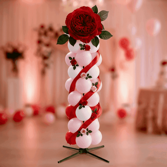 Colonne de ballons PilaMania décorée pour 10 ans de mariage noces d'étain avec roses rouges, ruban de satin rouge et boutons de rose