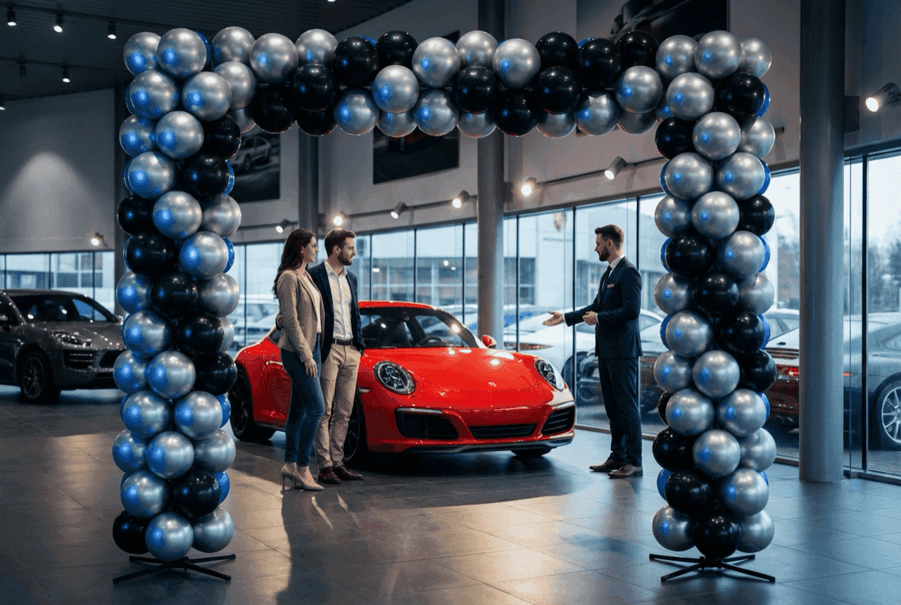 Portique de ballons PilaMania au showroom automobile avec clients admirant nouvelle voiture