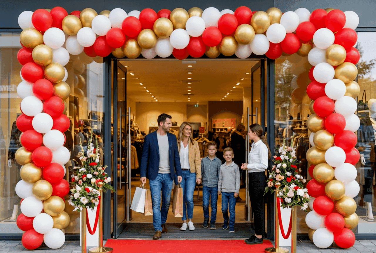 Portique de ballons PilaMania lors d'une ouverture de magasin festive avec clients