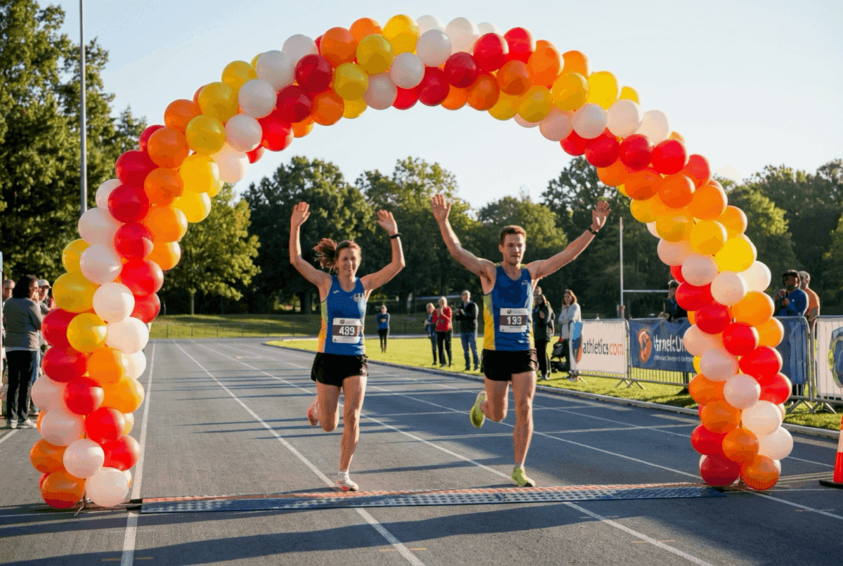 Arche de ballons PilaMania comme ligne d'arrivée lors d'une course avec participants