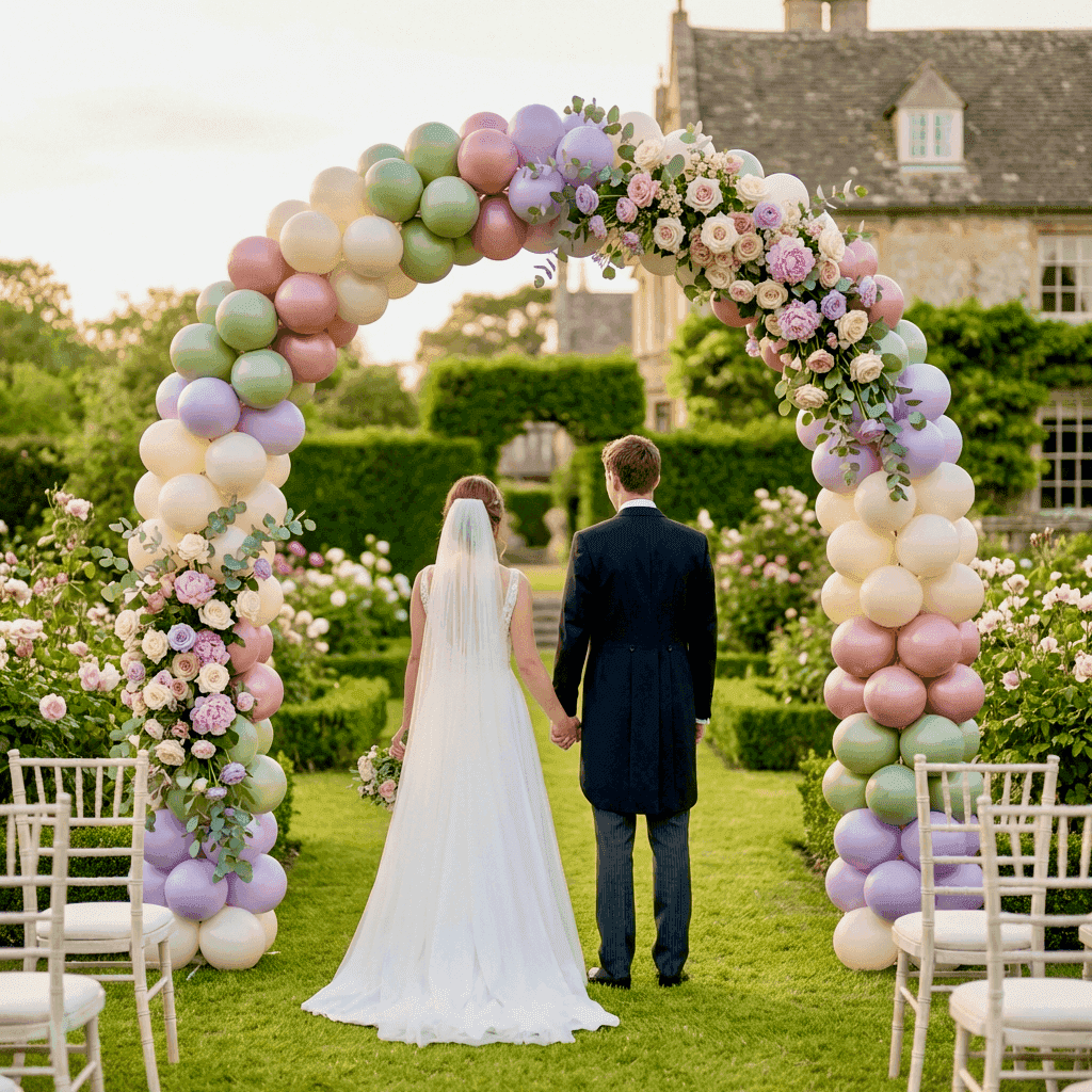 Arche de ballons PilaMania avec fleurs lors d'un mariage dans un jardin anglais avec les mariés