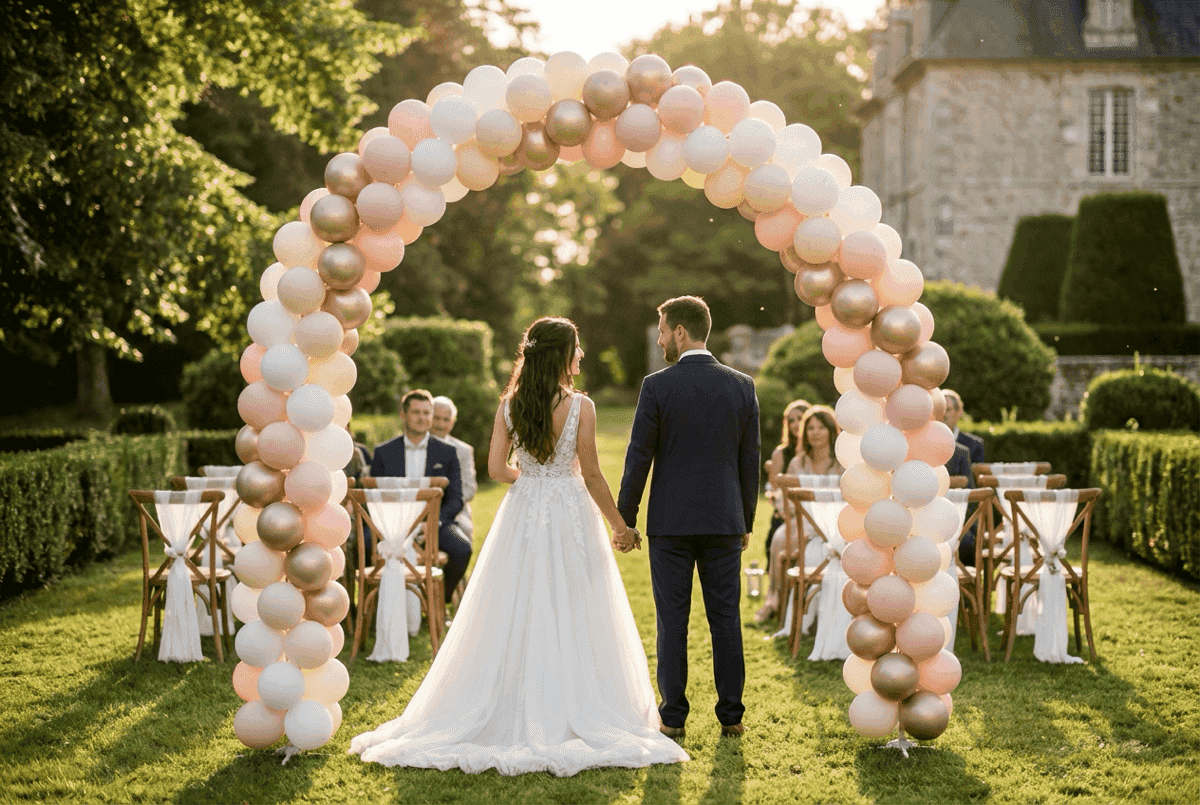 Arche de ballons PilaMania comme autel de mariage lors d'une cérémonie romantique en extérieur