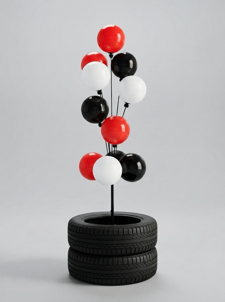 Pneus autour du pied en X d’une colonne de ballons
