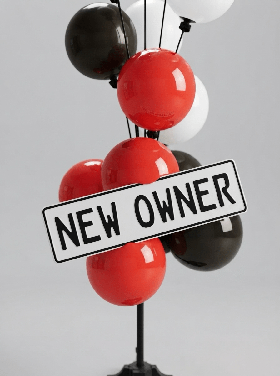 Plaque d’immatriculation portant « nouveau propriétaire » à l’avant d’une voiture