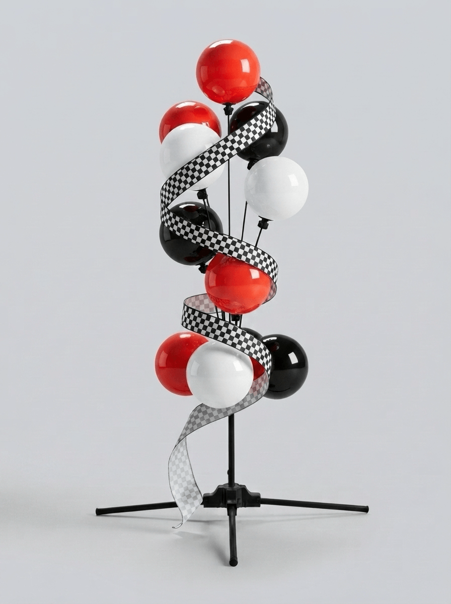 Ruban à damier drapé autour d’une installation de ballons