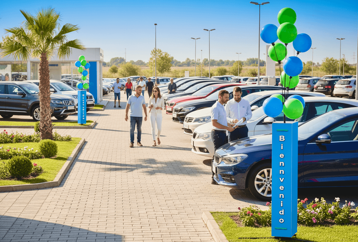 Deux colonnes de ballons bleus et verts sur un parc d’occasions ensoleillé rempli de voitures