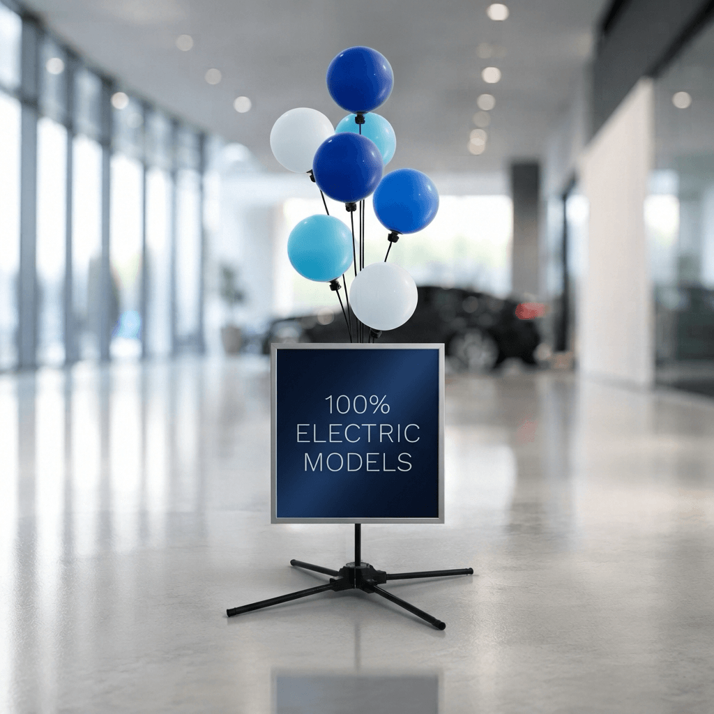 Chevalet de trottoir à ballons bleus et blancs au-dessus d’un panneau portant le texte 100% Electric Models, dans un showroom de concession