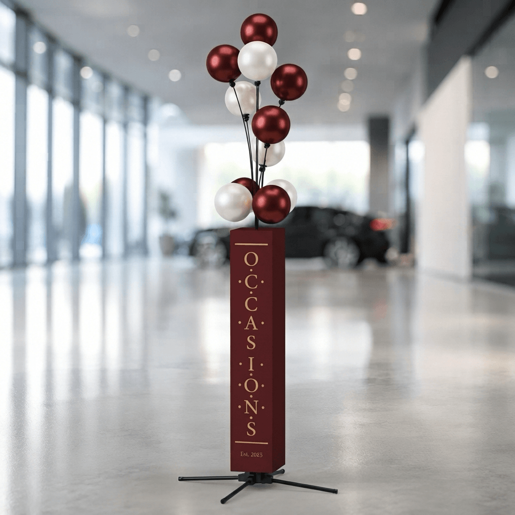 Chevalet de trottoir avec couvre-poteau bordeaux portant le texte Occasions et ballons bordeaux et blancs, dans un showroom de concession