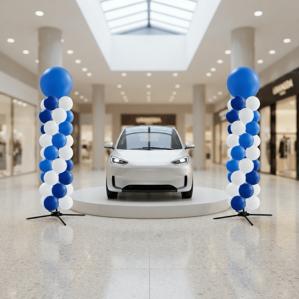 Deux colonnes de ballons bleu et blanc à bille supérieure à côté d’une voiture électrique blanche sur un podium dans un centre commercial