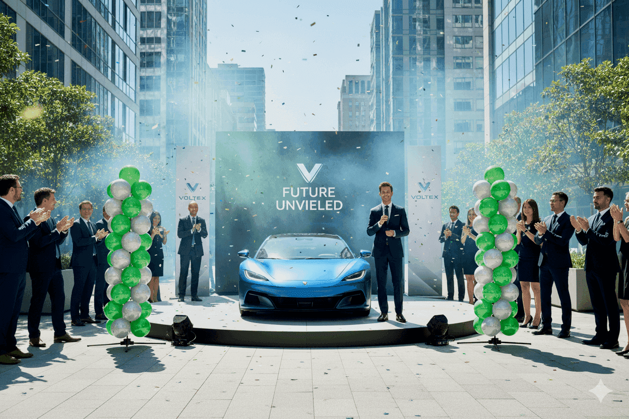 Deux colonnes de ballons aux couleurs de la marque à côté d’un nouveau modèle sur un podium de showroom