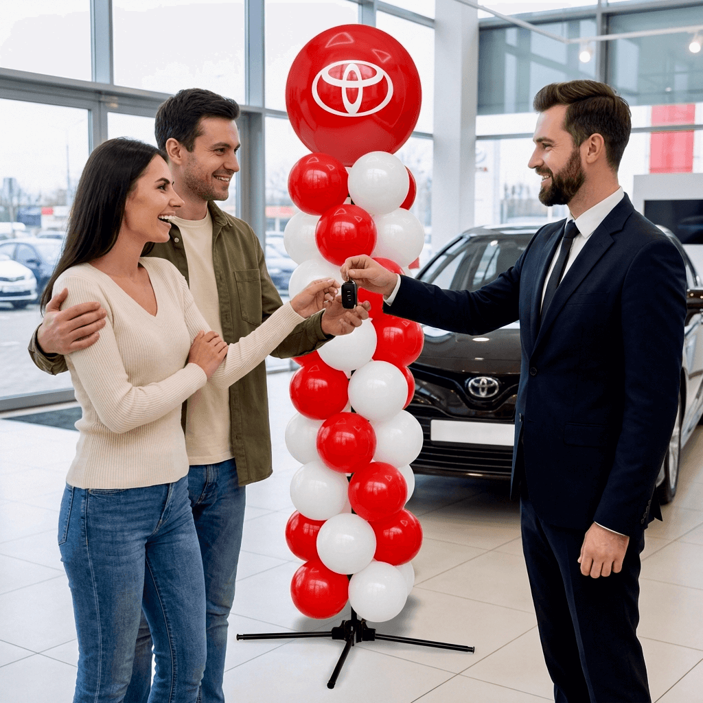 Vendeur remettant les clés à un client à côté d’une installation de ballons à l’espace de remise
