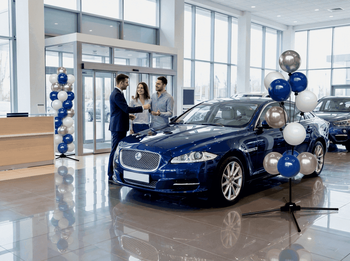 Voiture d’occasion sur un parc extérieur avec une colonne de ballons marquant la voiture de la semaine