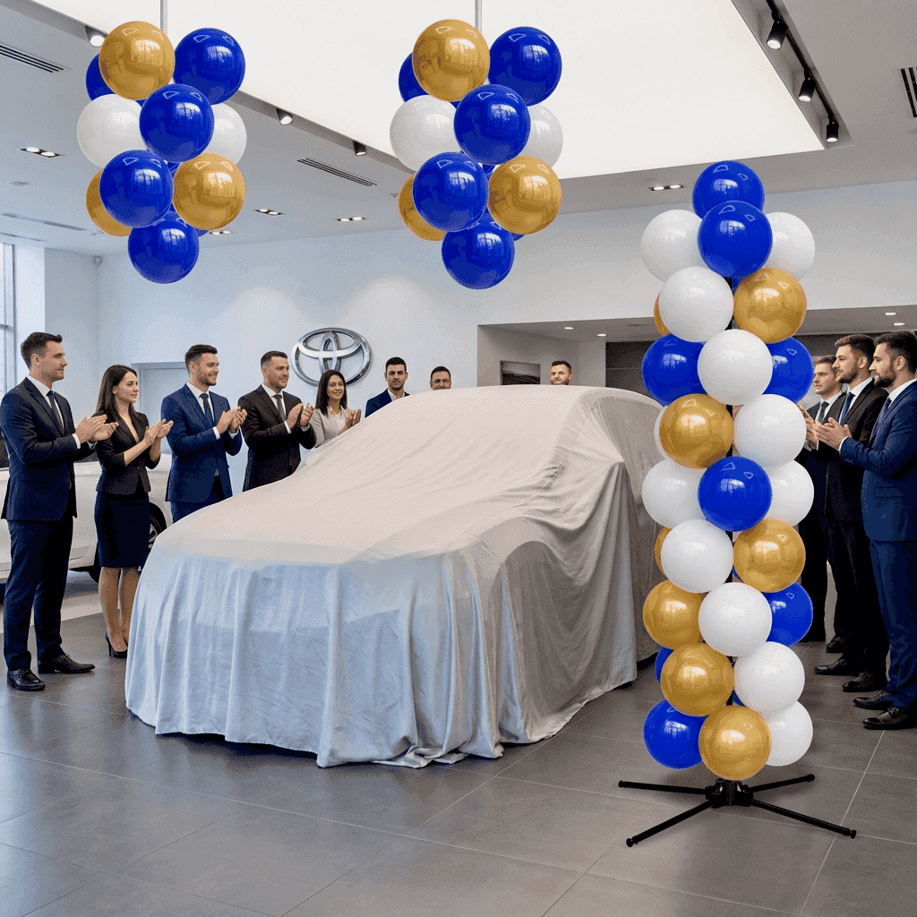 Colonnes de ballons aux couleurs de la marque à côté d’une voiture neuve sur un podium dans un showroom