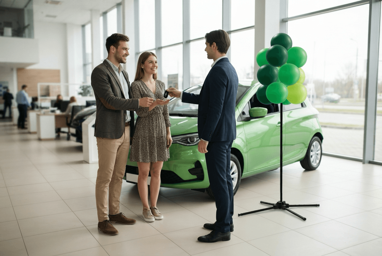 Un vendeur remet la clé de la voiture à un couple à côté d’une voiture électrique verte et d’un bouquet de ballons verts dans le showroom