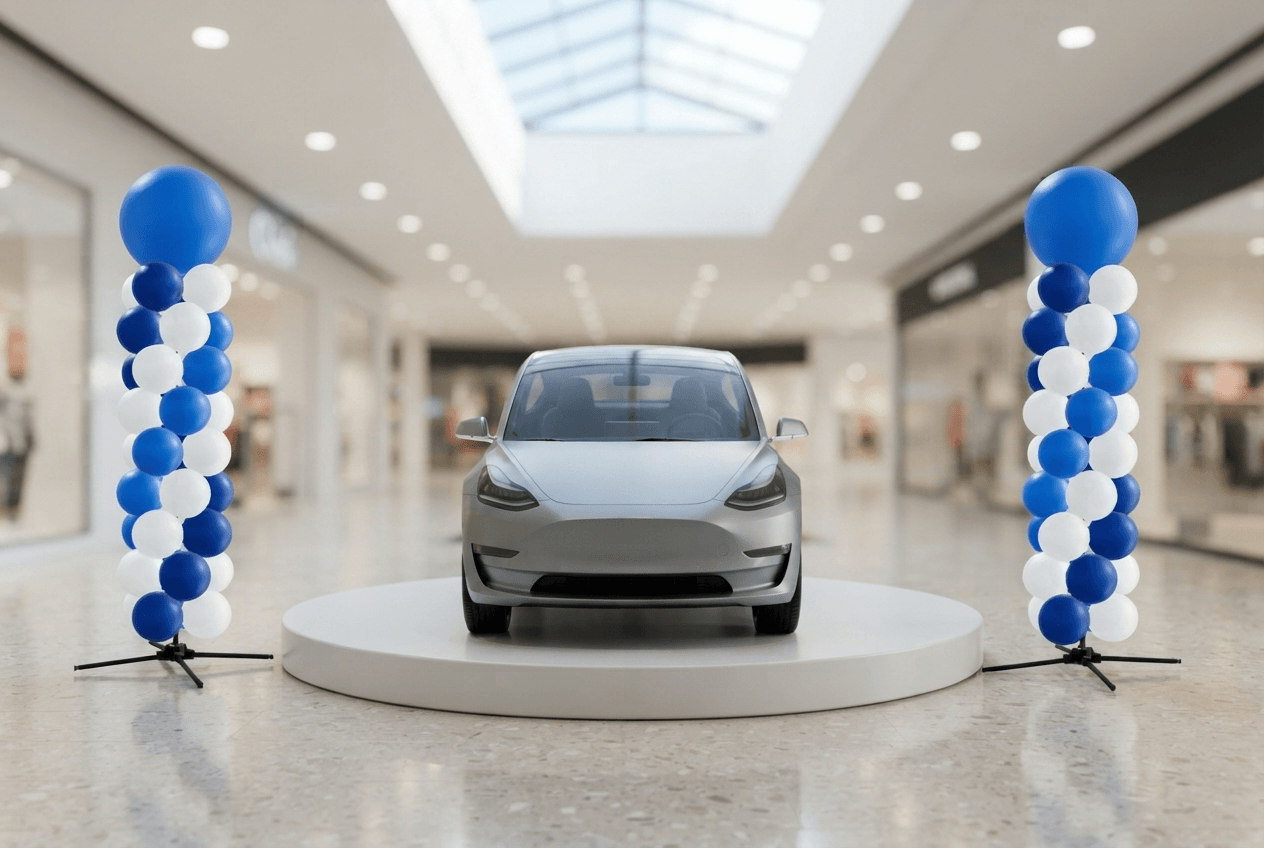 Deux colonnes de ballons à bille supérieure en bleu et blanc à côté d’une voiture électrique argentée sur un podium rond