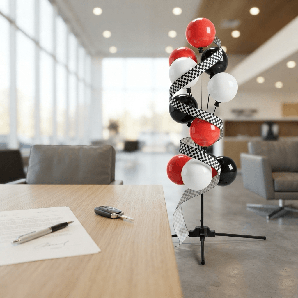 Contrat signé avec un stylo et une clé de voiture sur un bureau, à côté d’un bouquet de ballons rouge, noir et blanc au ruban à damier