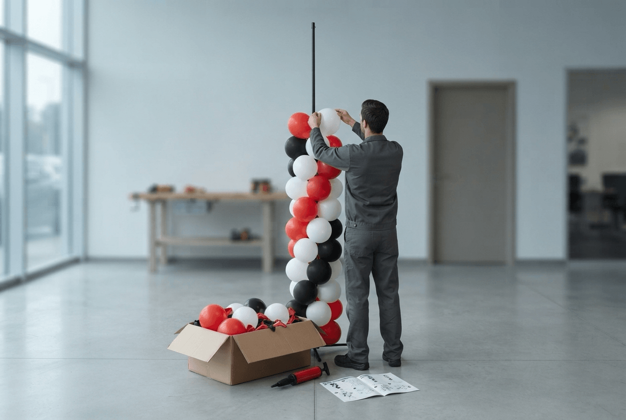 Un collaborateur monte une colonne de ballons en rouge, noir et blanc, avec le carton et la notice au sol