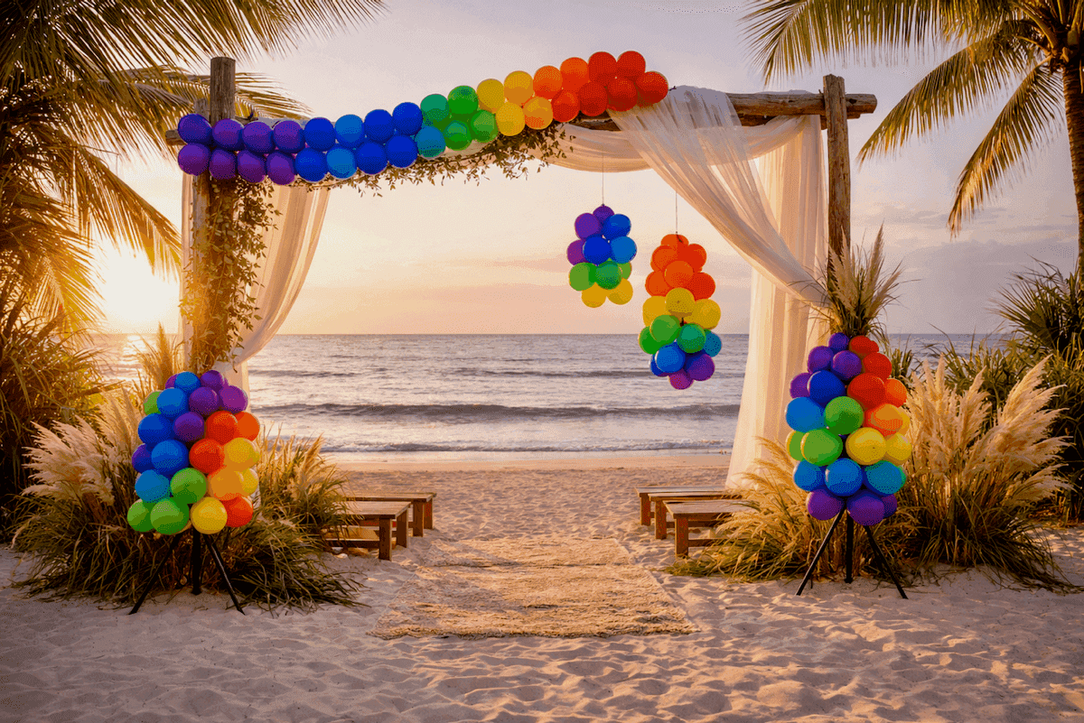 Décoration de ballons sur une tonnelle de plage blanche pour un mariage en bord de mer