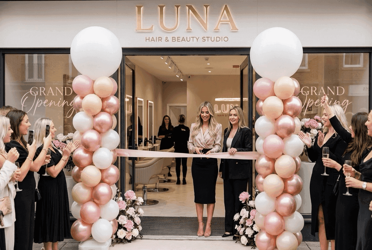 Arche de ballons colorée lors de la grande ouverture d'un salon de coiffure