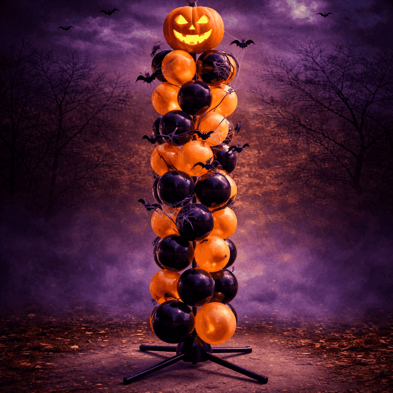 Pilier de ballons d'Halloween avec des ballons orange et noirs et un topper citrouille