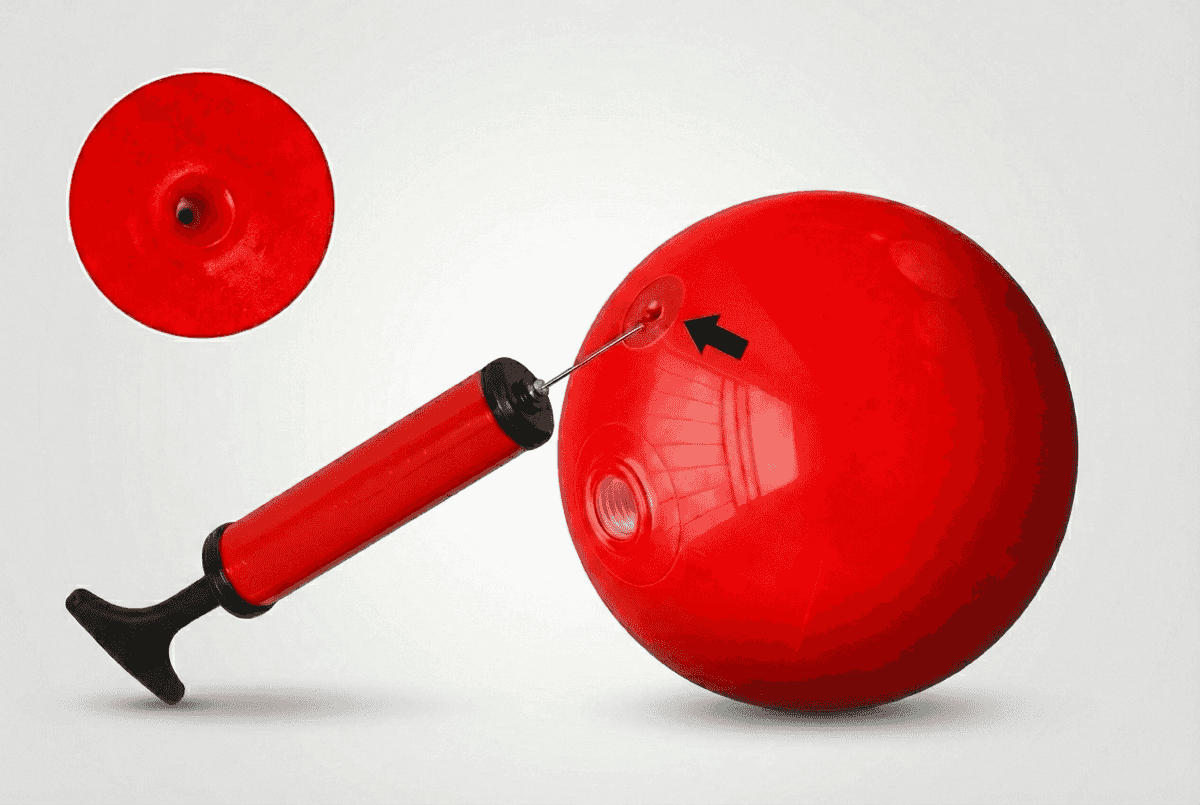 Pompe à ballon avec aiguille pointée vers la valve d'une balle PVC rouge, avec détail de la valve