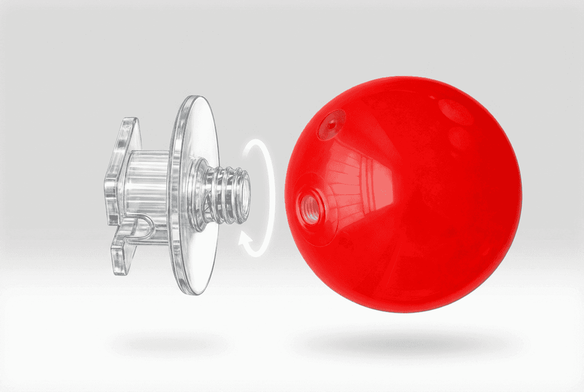 Connecteur DecorModule transparent en cours de montage sur le filetage de la balle PVC