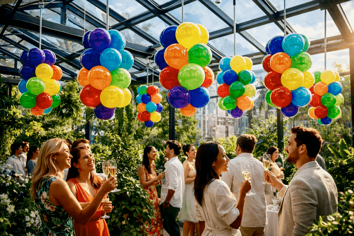 Décoration de ballons blancs et verts avec des accents botaniques pour un mariage
