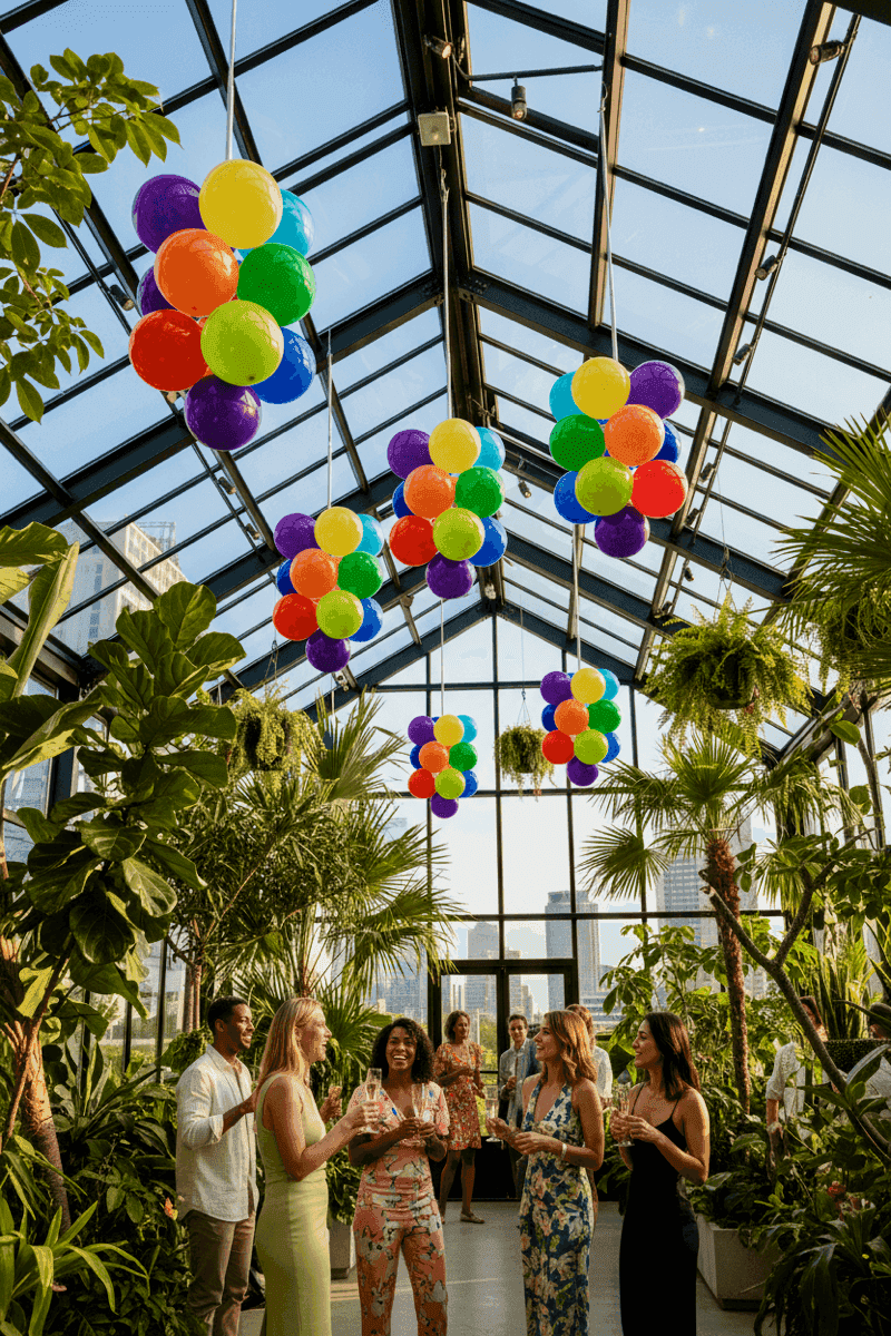 Décoration de ballons verticale dans une serre en verre pour une cérémonie de mariage
