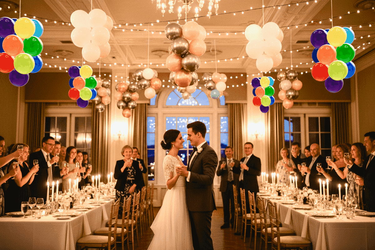 Arche de ballons élégante à l'entrée d'un lieu de mariage