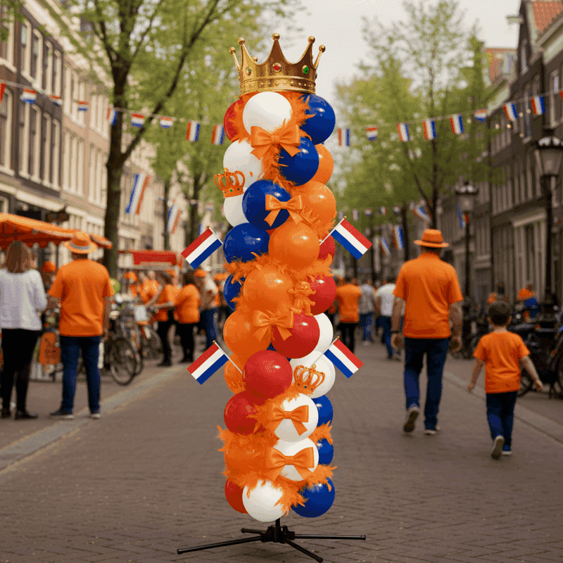 Pilier de ballons de la Fête du Roi festif en orange, bleu et blanc avec une couronne dans la rue pendant une fête populaire
