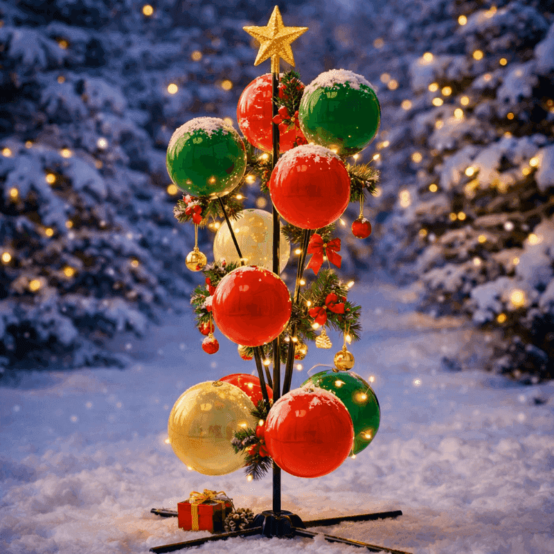 Fontaine de ballons de Noël en rouge, vert et or avec un topper étoile dans un décor de neige hivernal