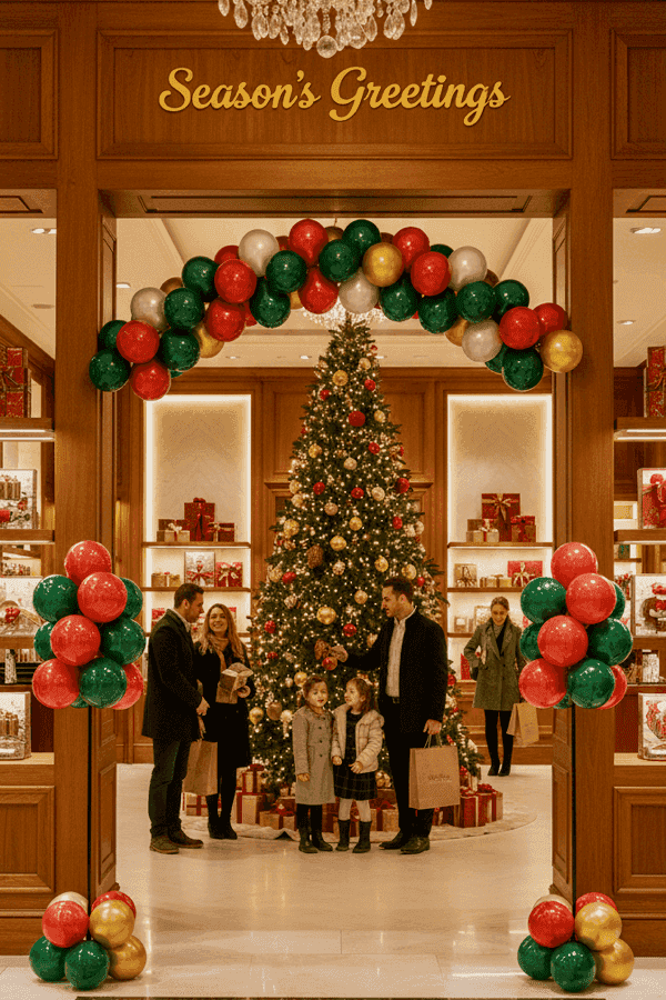 Décoration de ballons rouge et blanche dans une ambiance de Noël pour un magasin