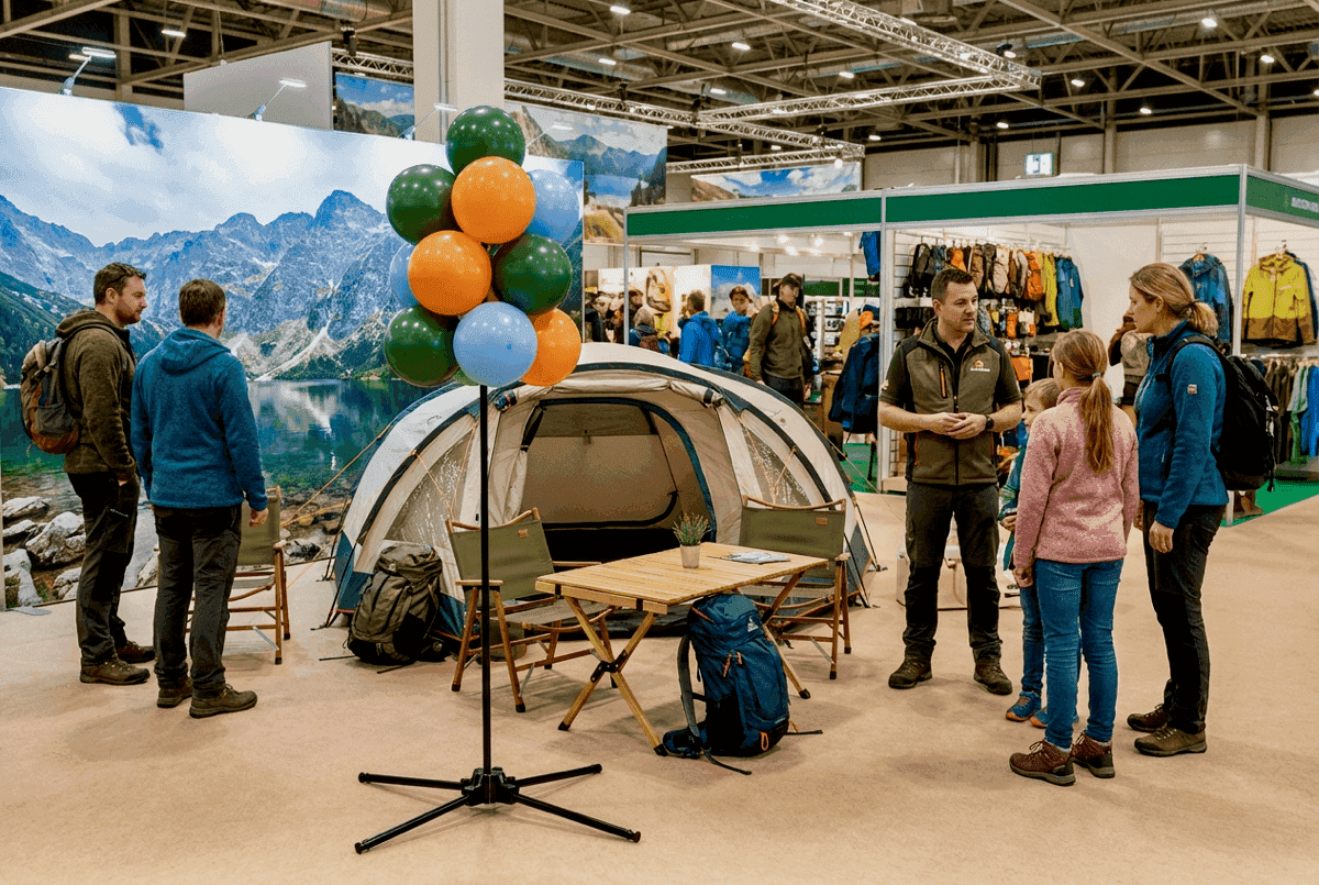 Une grappe de ballons posée aux couleurs de l'entreprise à côté d'un stand de salon attire les visiteurs