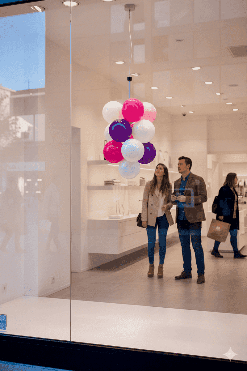 Une grappe de ballons suspendue au-dessus de l'entrée d'un magasin attire l'attention des passants