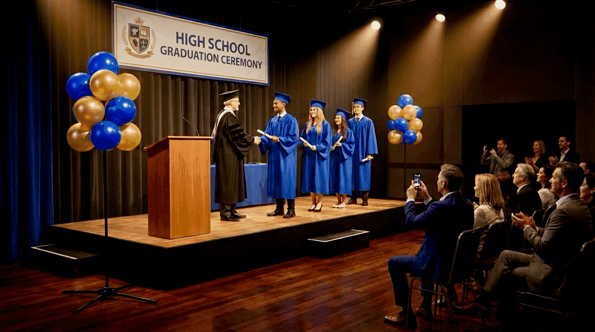 Grappes de ballons posées à côté de la scène lors d'une remise de diplômes au lycée
