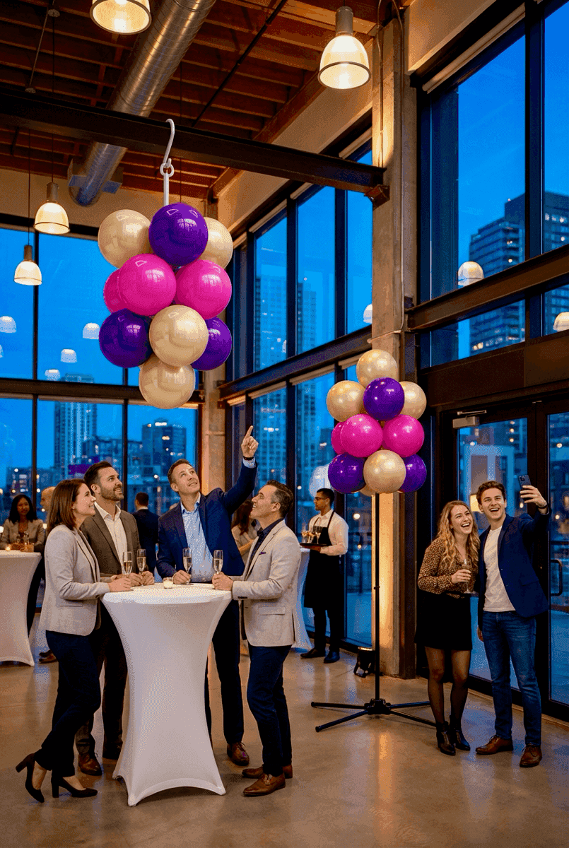 Grappe de ballons PilaMania aux couleurs de l'arc-en-ciel, montrée en configuration suspendue et posée