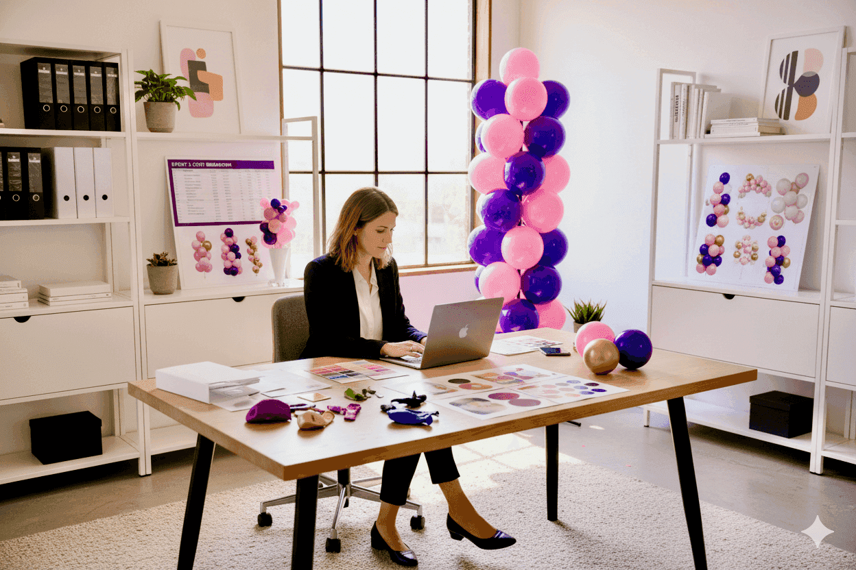 Un professionnel de l'événementiel calcule le ROI d'un pilier de ballons réutilisable, décoration économique pour plusieurs événements