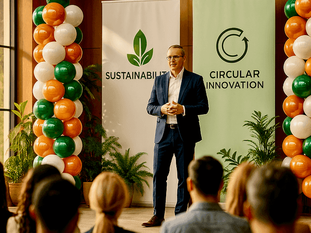 Pilier de ballons sur une scène d'événement professionnel lors d'une remise de diplômes ou d'un séminaire, avec conférencier et public visibles pour donner une idée de l'échelle