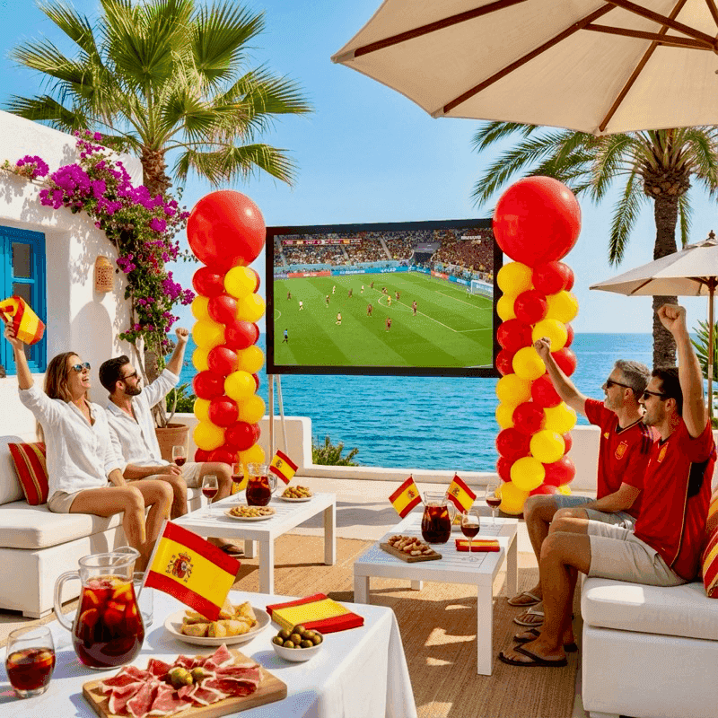 Terrasse ensoleillée avec des piliers de ballons rouges et jaunes pendant un match de football sur grand écran